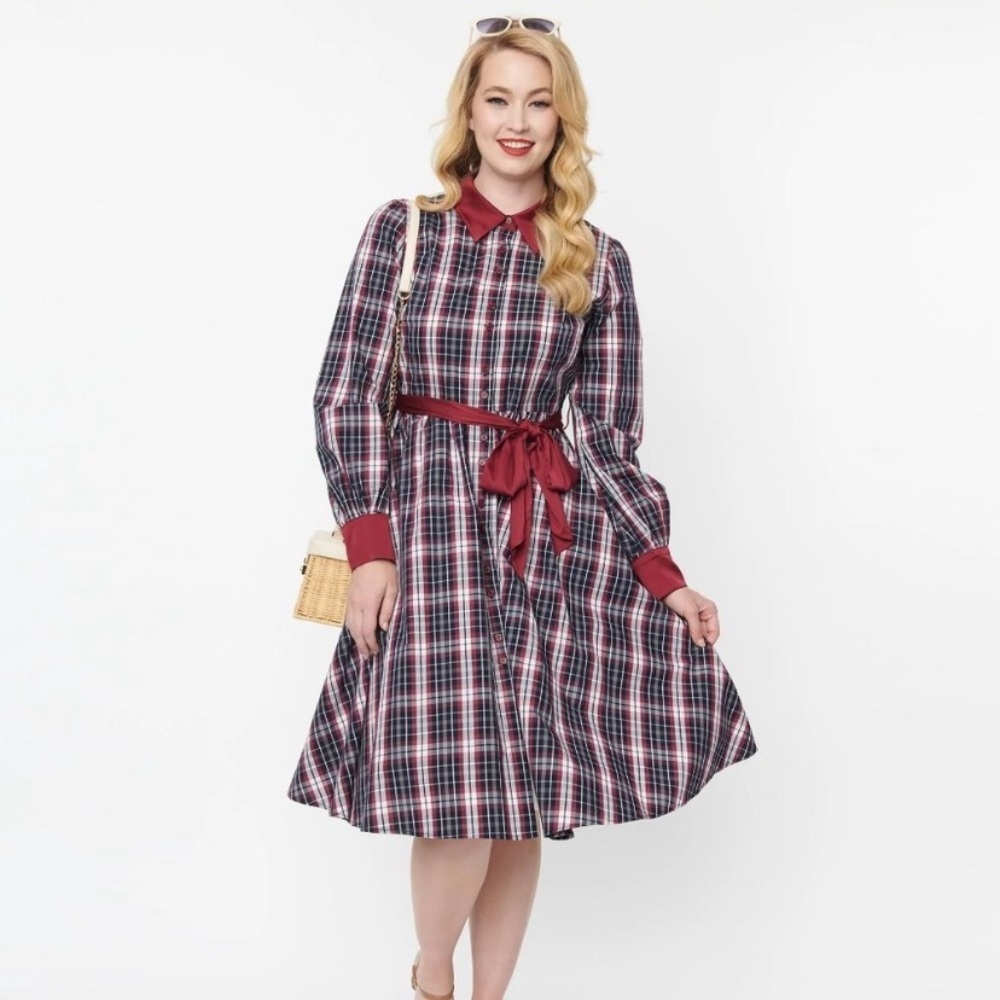Unique Vintage Navy & Burgundy Plaid Shirtdress Size 6-8
